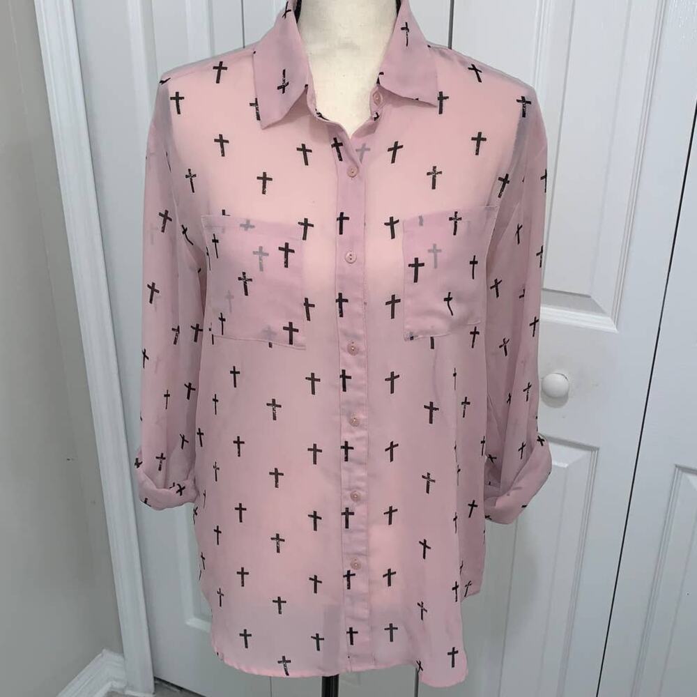 Decree Rose Pink with Black Crosses Long Sleeve Sheer Blouse - M